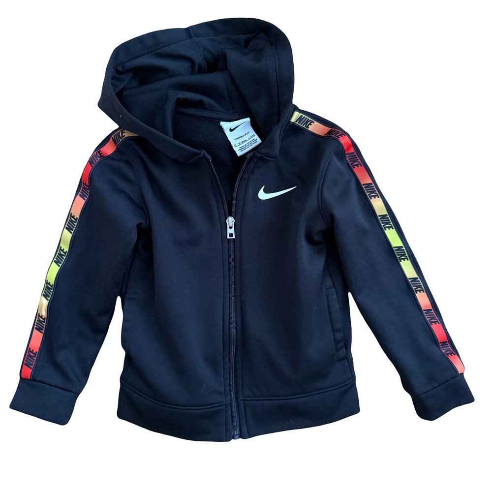 Nike‎ Therma-FIT Kids Hoodie Jacket Black Swoosh Orange Yellow Stripe Size 3T